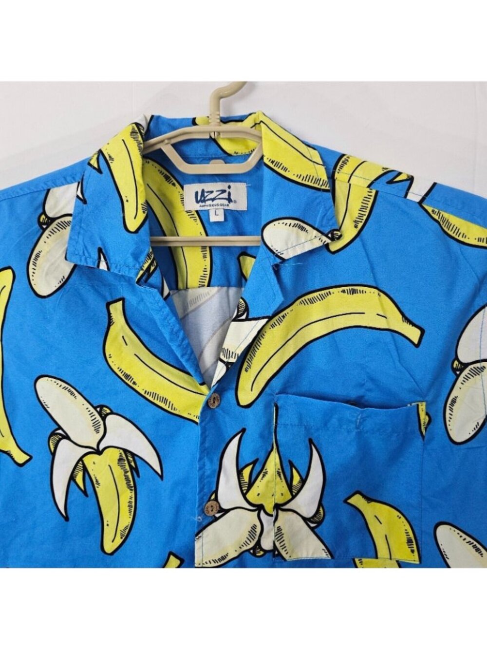 Uzzi Button Up Shirt Mens L Blue Short Sleeve Graphic Print Top Beach Peasant - Picture 3 of 10